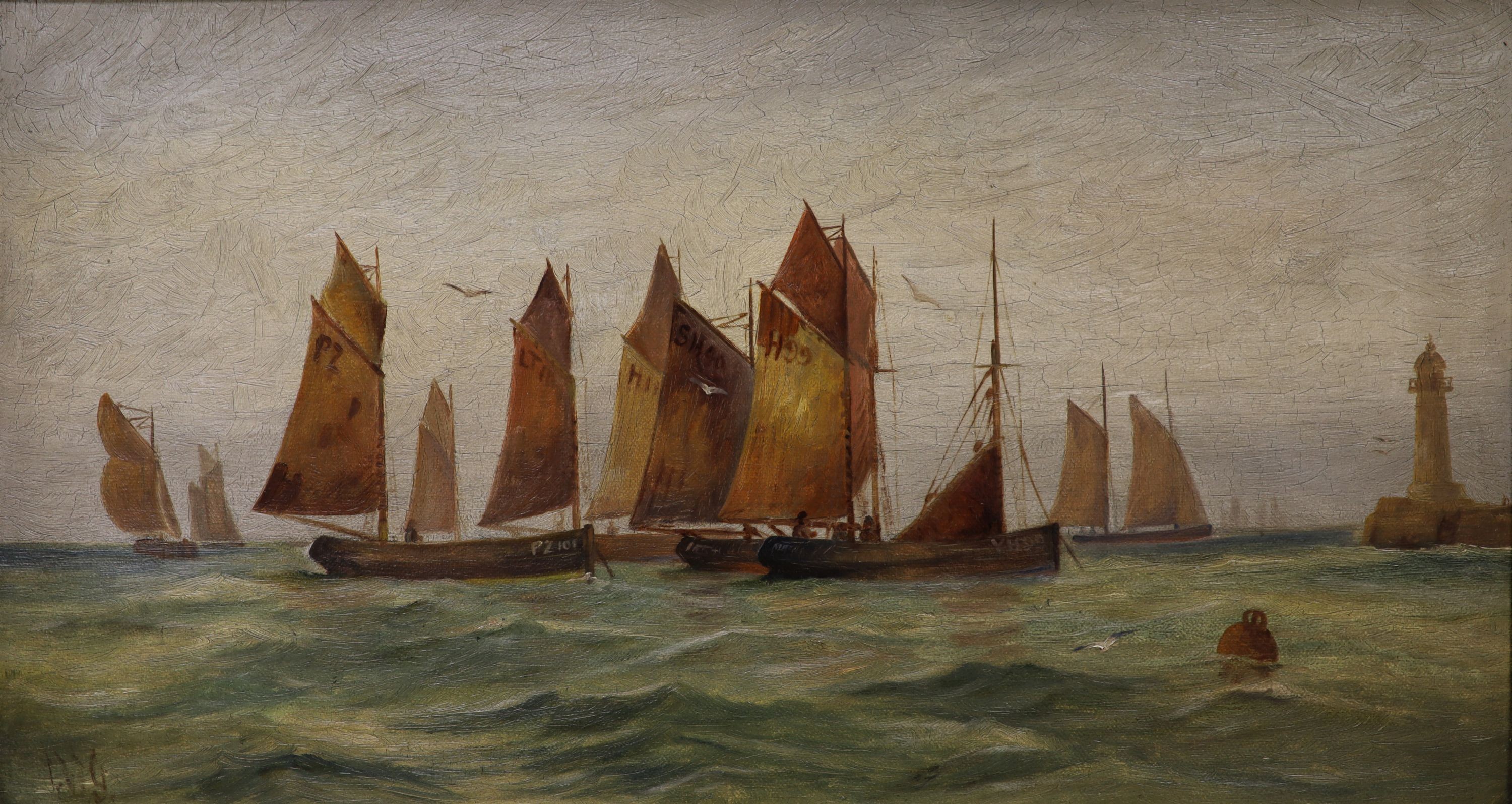 J.W.G. c.1990, oil on canvas, Cornish fishing boats off the coast, initialled, 25 x 45cm